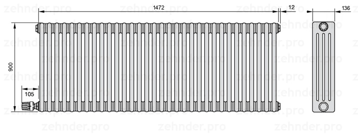 Схема (чертеж) Радиатор Zehnder Charleston 4090/32 №V004 Белый глянцевый RAL 9016